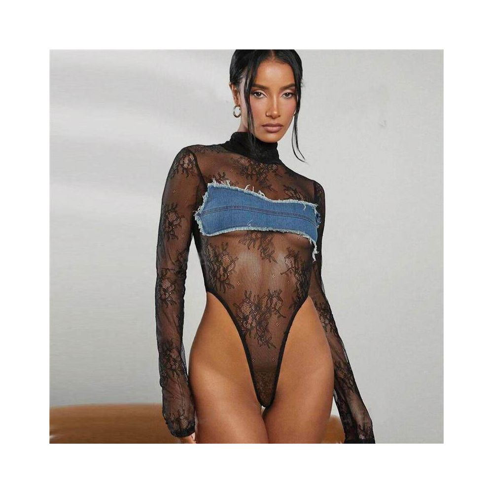 Bold girl wearing European and American new sexy hot girl combo 51332 see through lace color blocked jumpsuit for women image 0