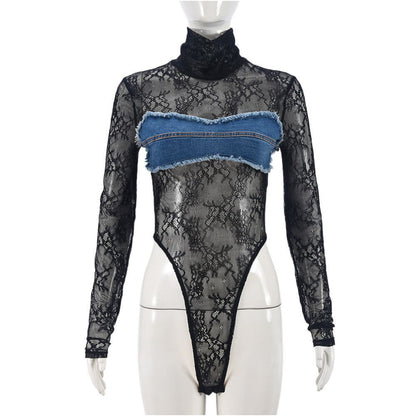 Bold girl wearing European and American new sexy hot girl combo 51332 see through lace color blocked jumpsuit for women