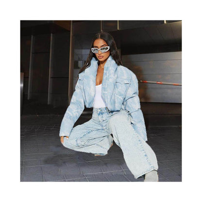Trendy autumn and winter personalized spicy girl jacket with cotton scarf stand up collar long sleeved 51381 blended color blocked short cotton jacket for women image 2