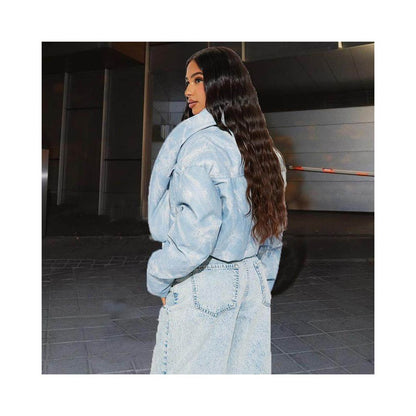 Trendy autumn and winter personalized spicy girl jacket with cotton scarf stand up collar long sleeved 51381 blended color blocked short cotton jacket for women image 3