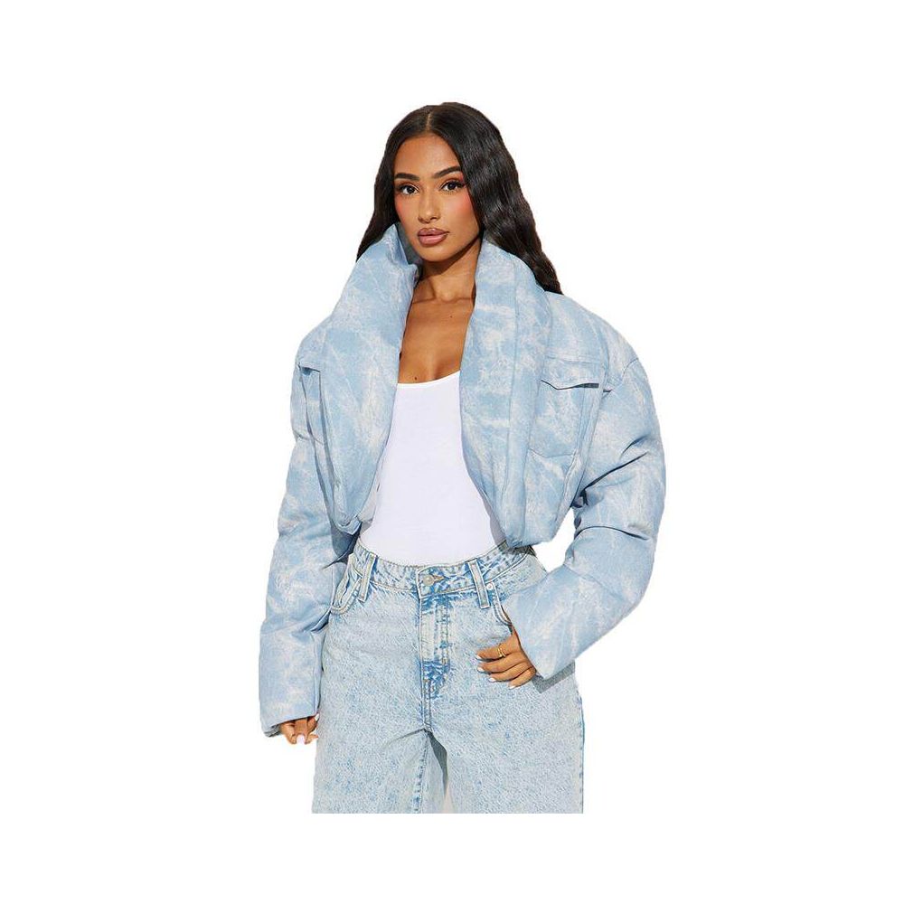 Trendy autumn and winter personalized spicy girl jacket with cotton scarf stand up collar long sleeved 51381 blended color blocked short cotton jacket for women image 5