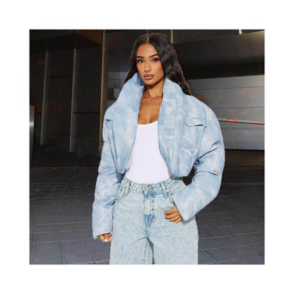 Trendy autumn and winter personalized spicy girl jacket with cotton scarf stand up collar long sleeved 51381 blended color blocked short cotton jacket for women image 0