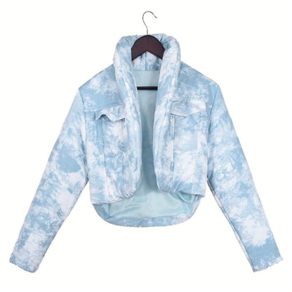 Trendy autumn and winter personalized spicy girl jacket with cotton scarf stand up collar long sleeved 51381 blended color blocked short cotton jacket for women