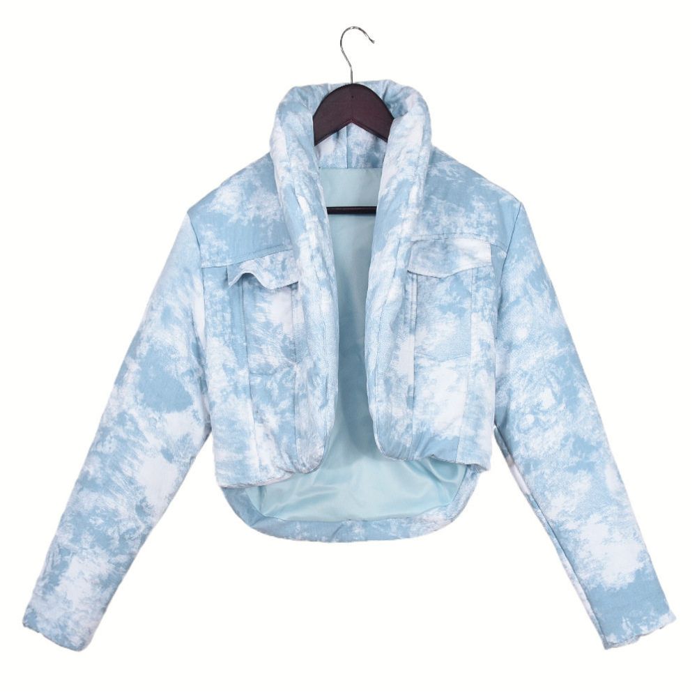 Trendy autumn and winter personalized spicy girl jacket with cotton scarf stand up collar long sleeved 51381 blended color blocked short cotton jacket for women