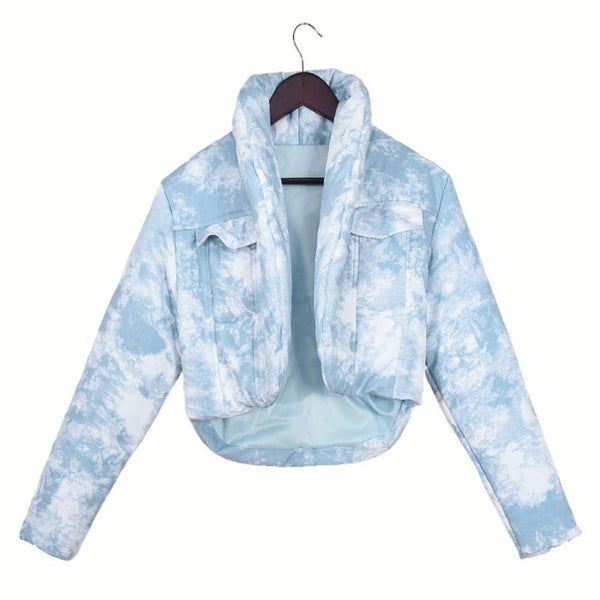 Trendy autumn and winter personalized spicy girl jacket with cotton scarf stand up collar long sleeved 51381 blended color blocked short cotton jacket for women