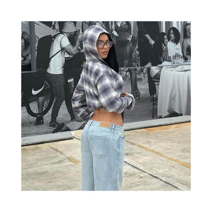European and American hooked checked jacket 51417 hooded short jacket image 4