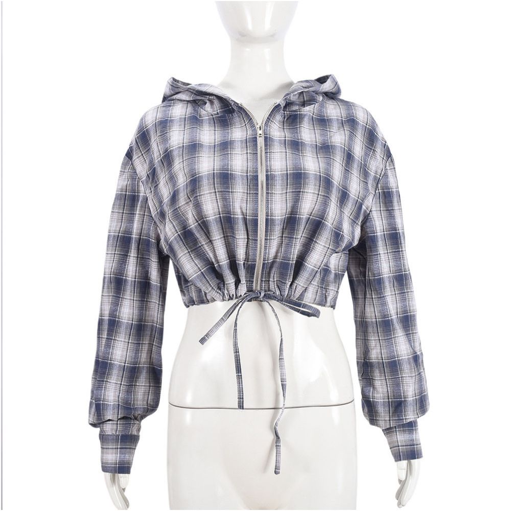 European and American hooked checked jacket 51417 hooded short jacket