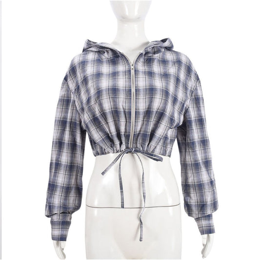 European and American hooked checked jacket 51417 hooded short jacket