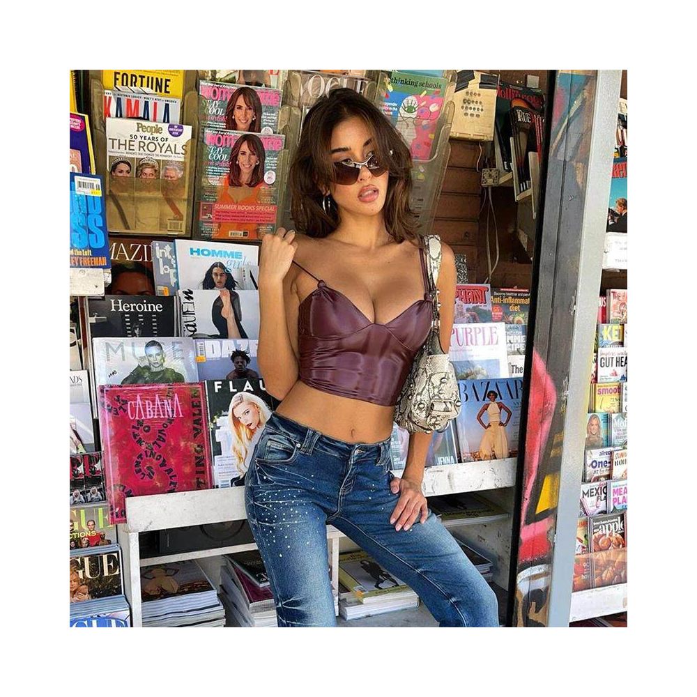 Waist revealing camisole top new strap PU glossy elastic chest strap 51424 image 2