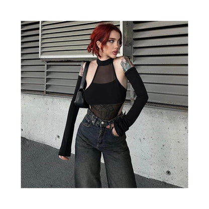 Tight mesh jumpsuit new sexy split long sleeved crotch mesh high stretch jumpsuit top 51463 image 2