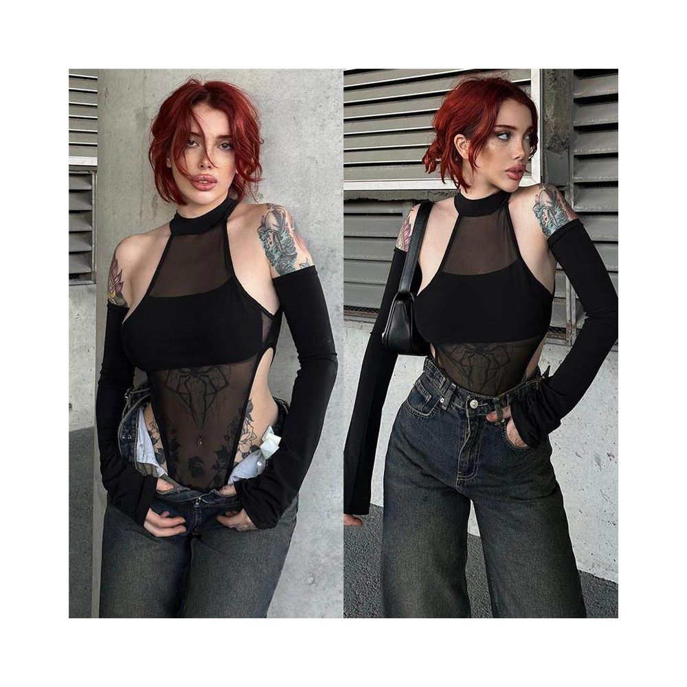 Tight mesh jumpsuit new sexy split long sleeved crotch mesh high stretch jumpsuit top 51463 image 3