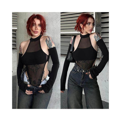 Tight mesh jumpsuit new sexy split long sleeved crotch mesh high stretch jumpsuit top 51463 image 3