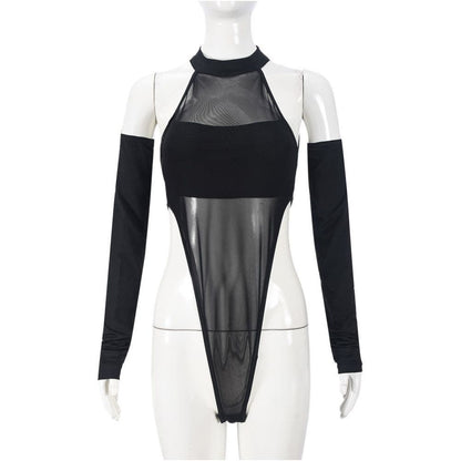 Tight mesh jumpsuit new sexy split long sleeved crotch mesh high stretch jumpsuit top 51463
