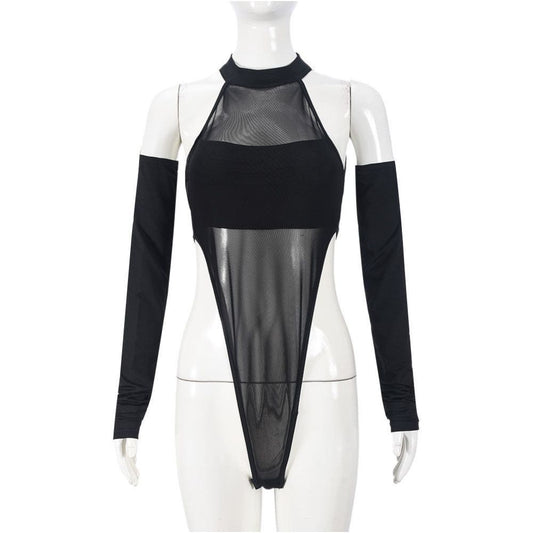Tight mesh jumpsuit new sexy split long sleeved crotch mesh high stretch jumpsuit top 51463