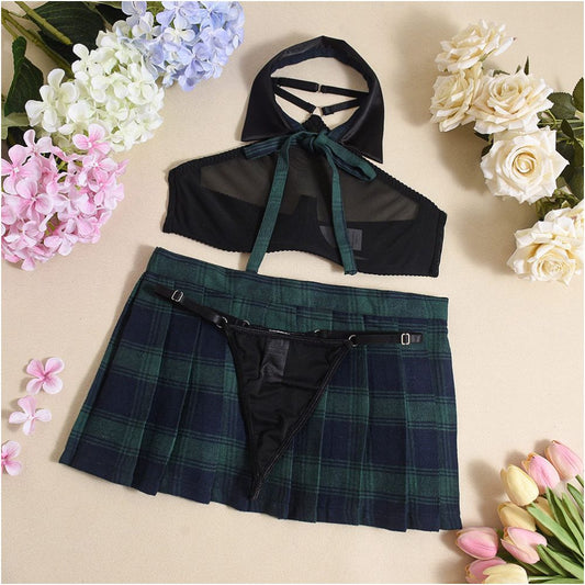 Dress up seductive and sexy three piece character outfit women s suit pleated skirt see through top underwear uniform plaid skirt