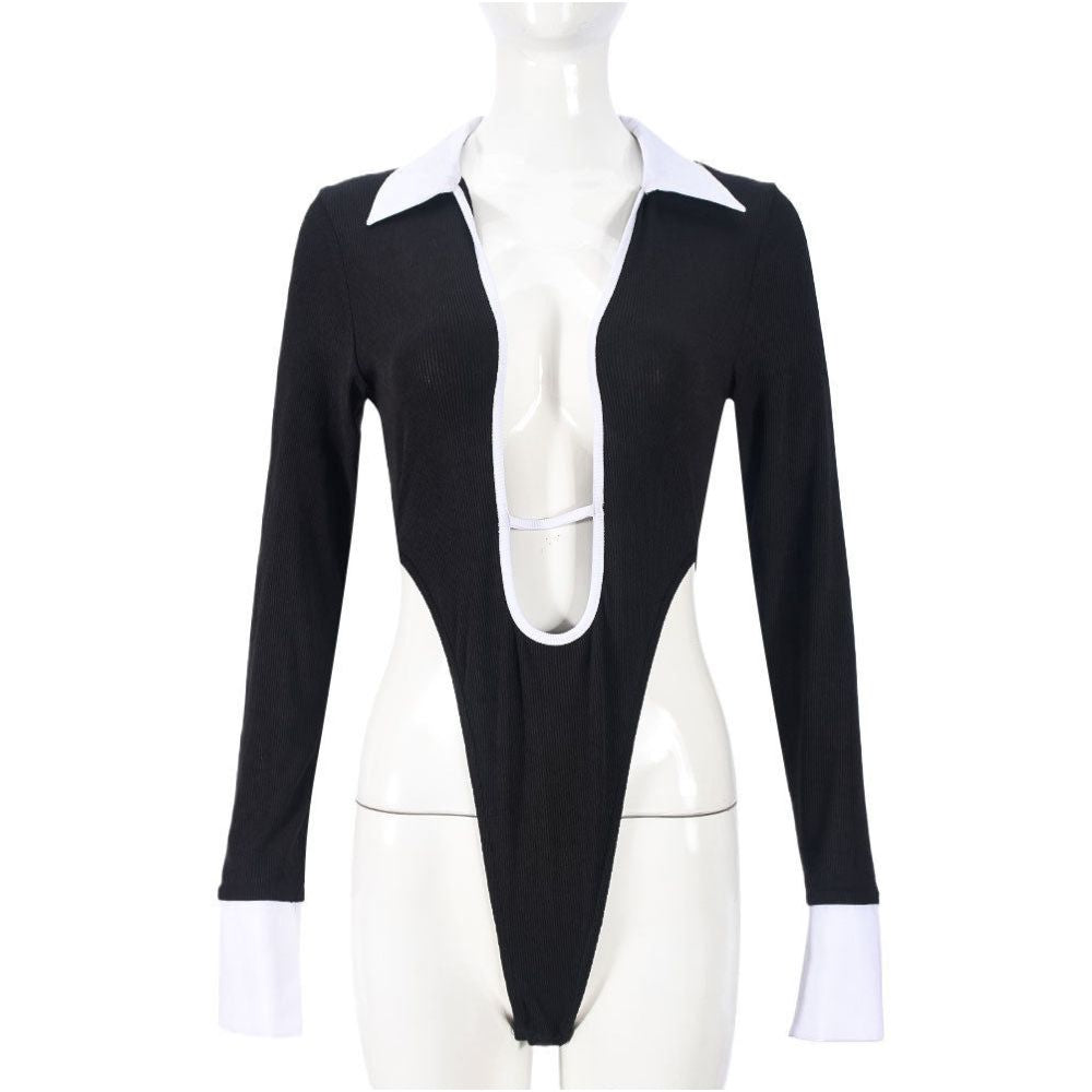 European and American autumn and winter pure trendy new sexy shirt collar long sleeved crotch hollow high elasticity one piece women s top 51464