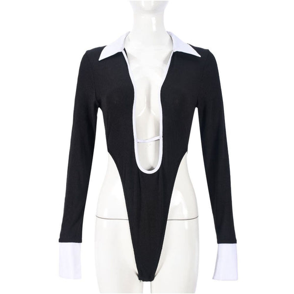 European and American autumn and winter pure trendy new sexy shirt collar long sleeved crotch hollow high elasticity one piece women s top 51464