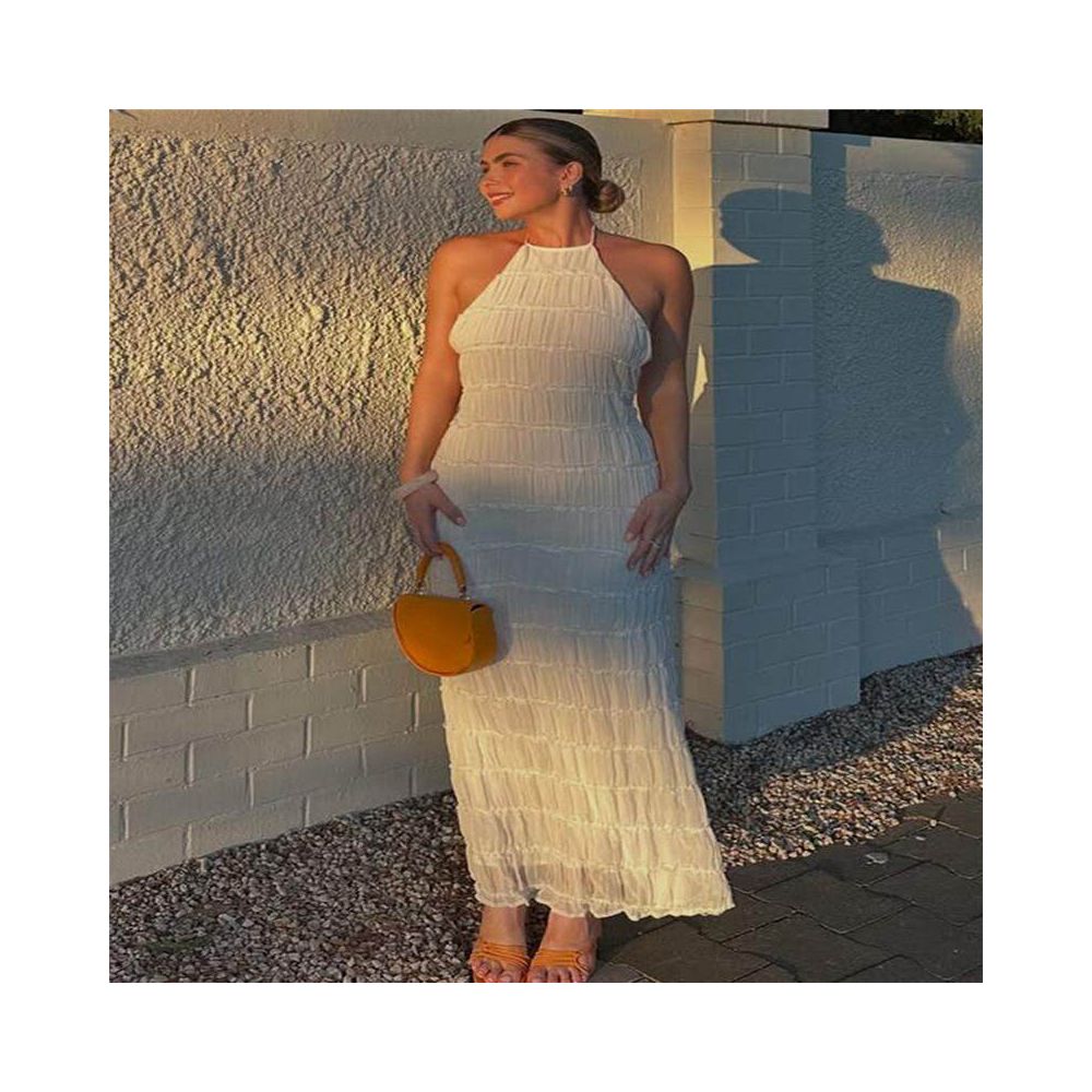 Long length dress backless pleated personalized dress new product breathable lace up lotus leaf 51618 long skirt image 2