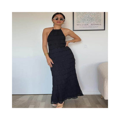 Long length dress backless pleated personalized dress new product breathable lace up lotus leaf 51618 long skirt image 3