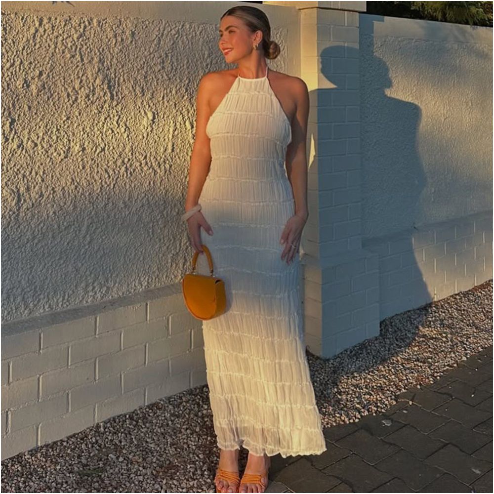 Long length dress backless pleated personalized dress new product breathable lace up lotus leaf 51618 long skirt