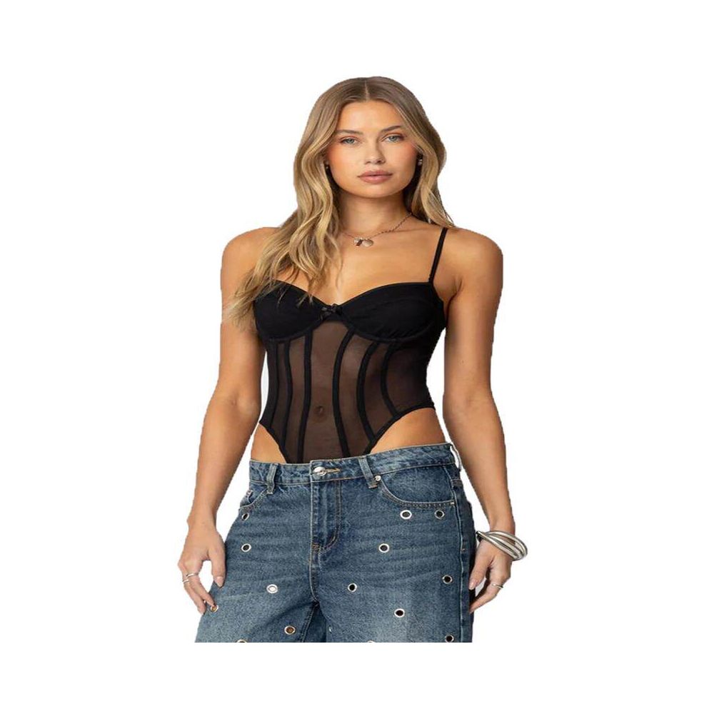 Small and confident figure dress sexy and slimming with mesh mesh splicing high waist hollow cup women s spicy girl top image 5