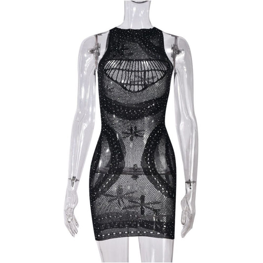 Perspective Dress9982 Nightclub Sexy Crazy Hot Diamond Hollow Sleeveless Elastic Dress Women s Wear