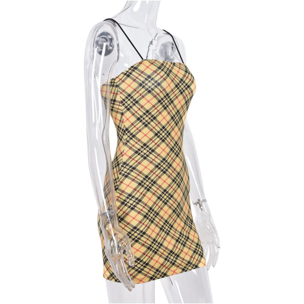 Checkered summer camisole dress plaid summer camisole dress with exposed shoulders and buttocks