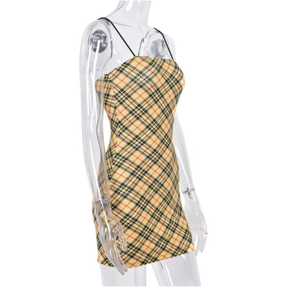 Checkered summer camisole dress plaid summer camisole dress with exposed shoulders and buttocks