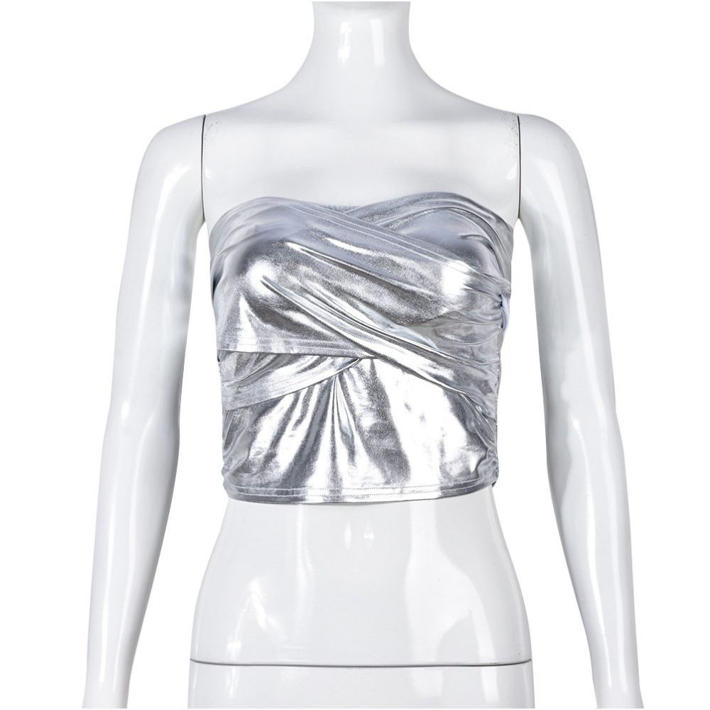 European and American style sexy spicy women s clothing new trend fashionable personality reflective pleated tight fitting 7615 strapless top for women image 5