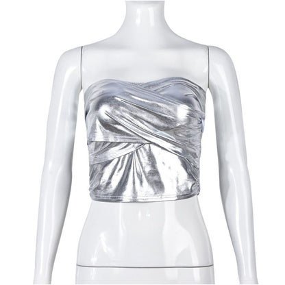 European and American style sexy spicy women s clothing new trend fashionable personality reflective pleated tight fitting 7615 strapless top for women image 5