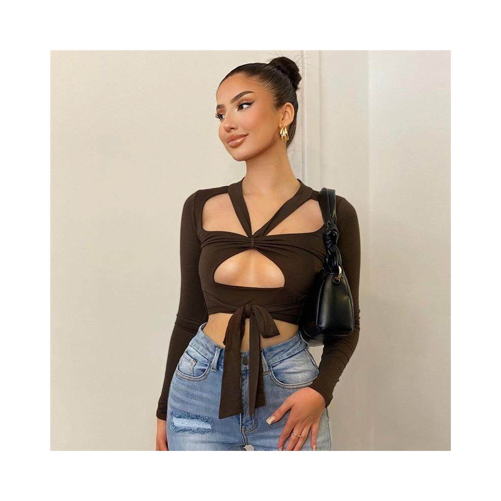 2024 autumn European and American style new personalized T shirt with hollow lace up and exposed navel 5660 long sleeved square neck sexy top for women s wear image 2