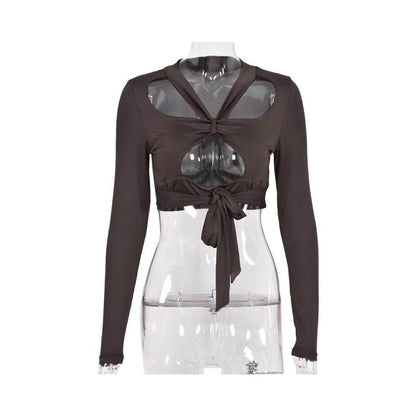 2024 autumn European and American style new personalized T shirt with hollow lace up and exposed navel 5660 long sleeved square neck sexy top for women s wear image 5