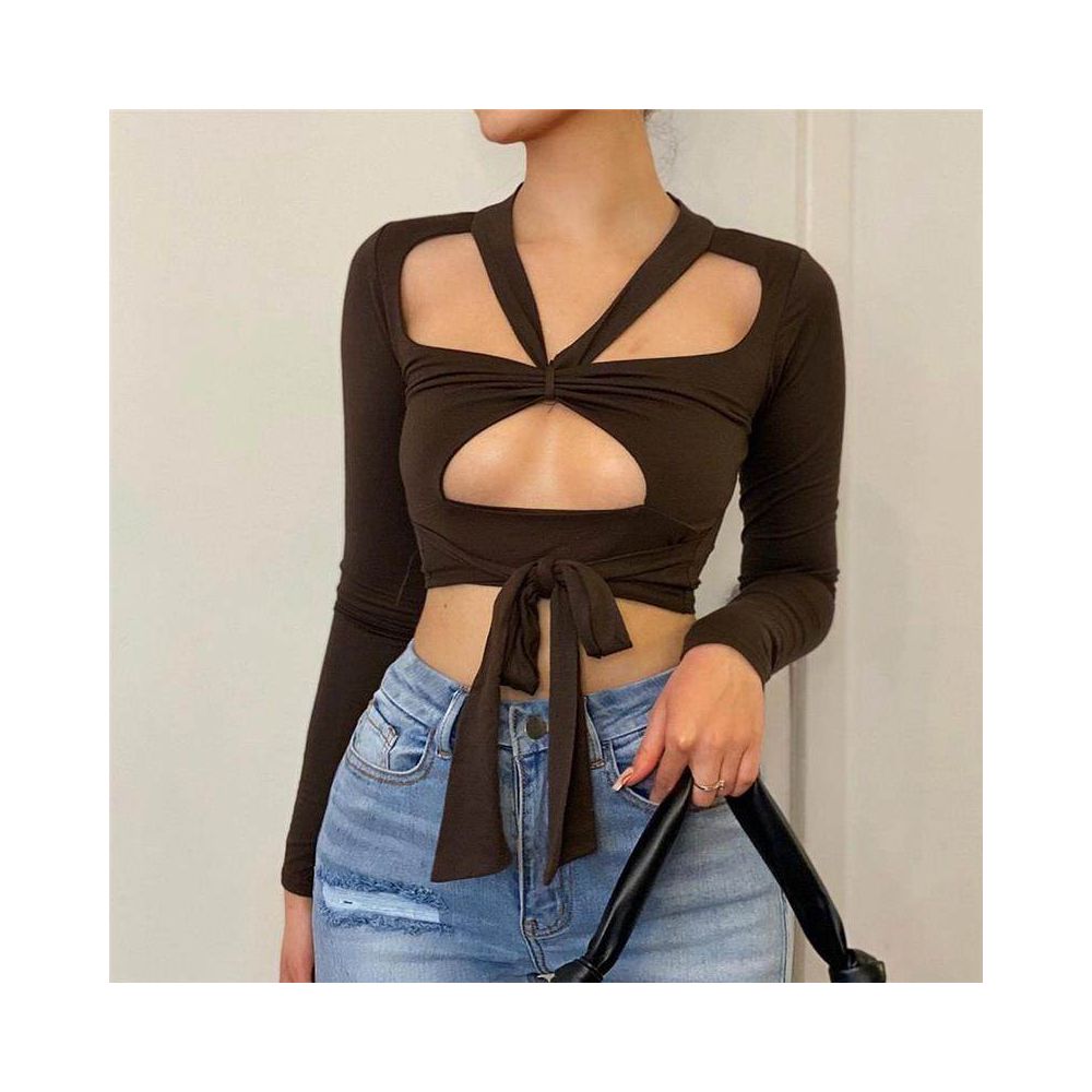 2024 autumn European and American style new personalized T shirt with hollow lace up and exposed navel 5660 long sleeved square neck sexy top for women s wear image 0