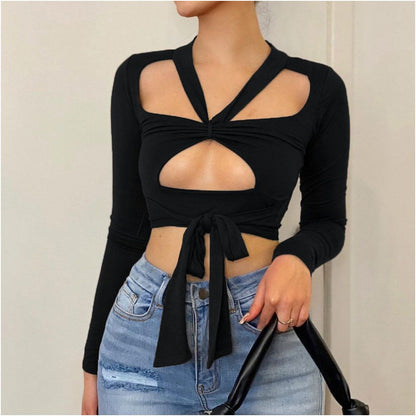 2024 autumn European and American style new personalized T shirt with hollow lace up and exposed navel 5660 long sleeved square neck sexy top for women s wear
