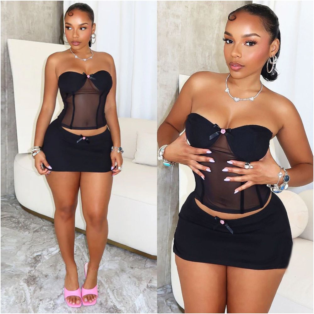 Sexy woman European and American style new product chest wrapped short skirt 51320 fashionable perspective sexy splicing two piece set for women image 1