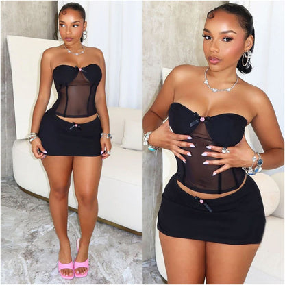 Sexy woman European and American style new product chest wrapped short skirt 51320 fashionable perspective sexy splicing two piece set for women image 1