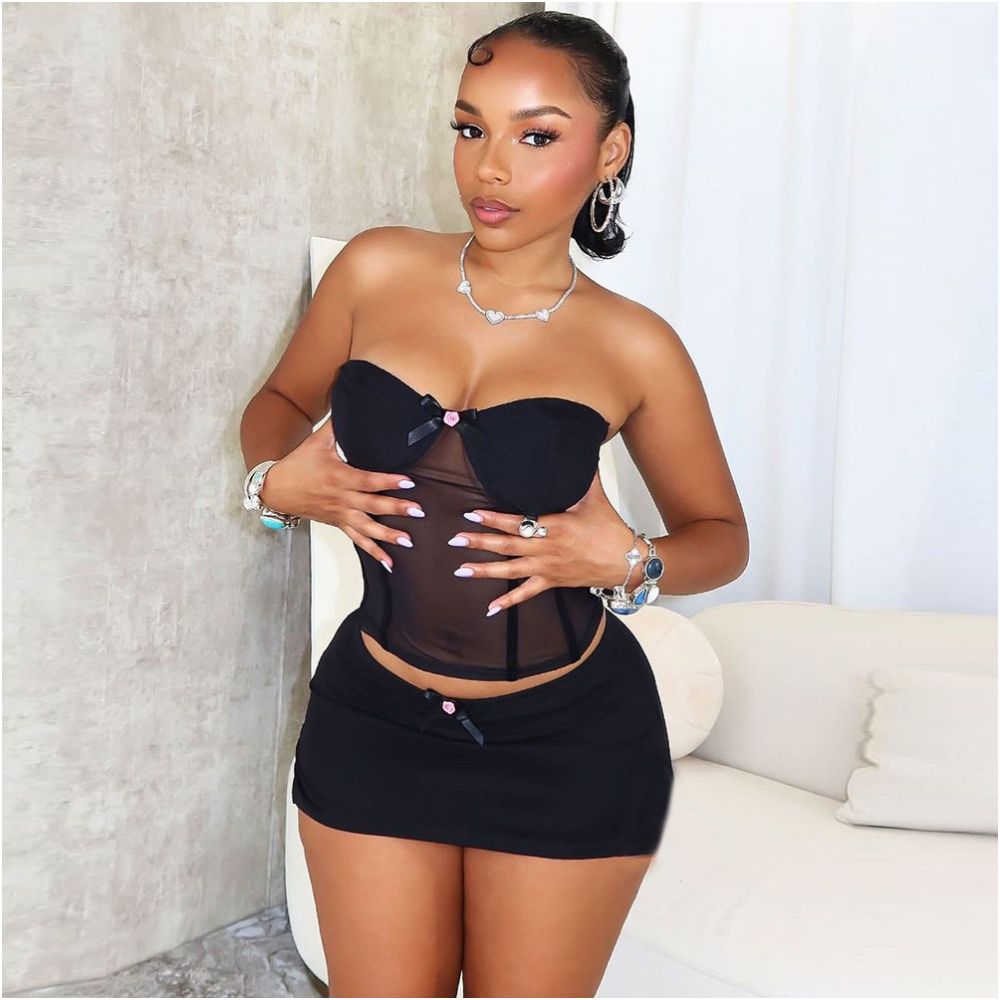 Sexy woman European and American style new product chest wrapped short skirt 51320 fashionable perspective sexy splicing two piece set for women image 2
