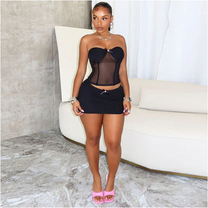 Sexy woman European and American style new product chest wrapped short skirt 51320 fashionable perspective sexy splicing two piece set for women image 3