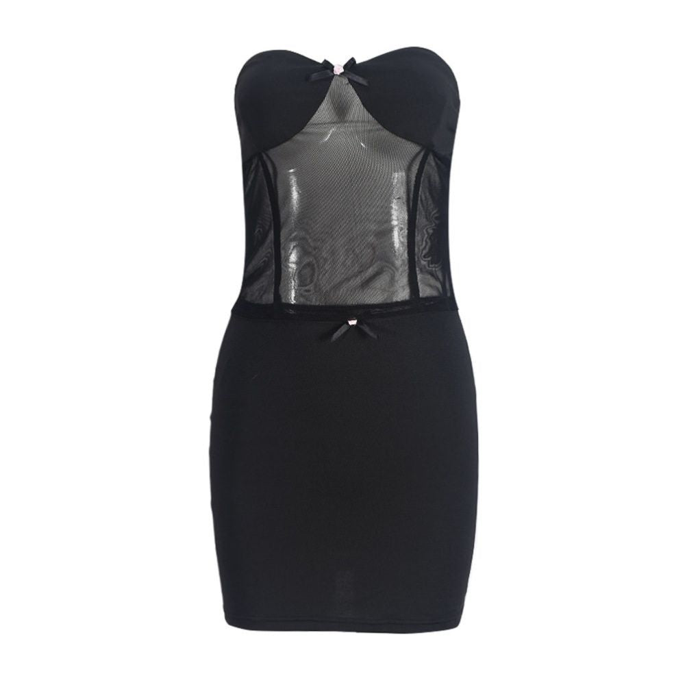 Sexy woman European and American style new product chest wrapped short skirt 51320 fashionable perspective sexy splicing two piece set for women