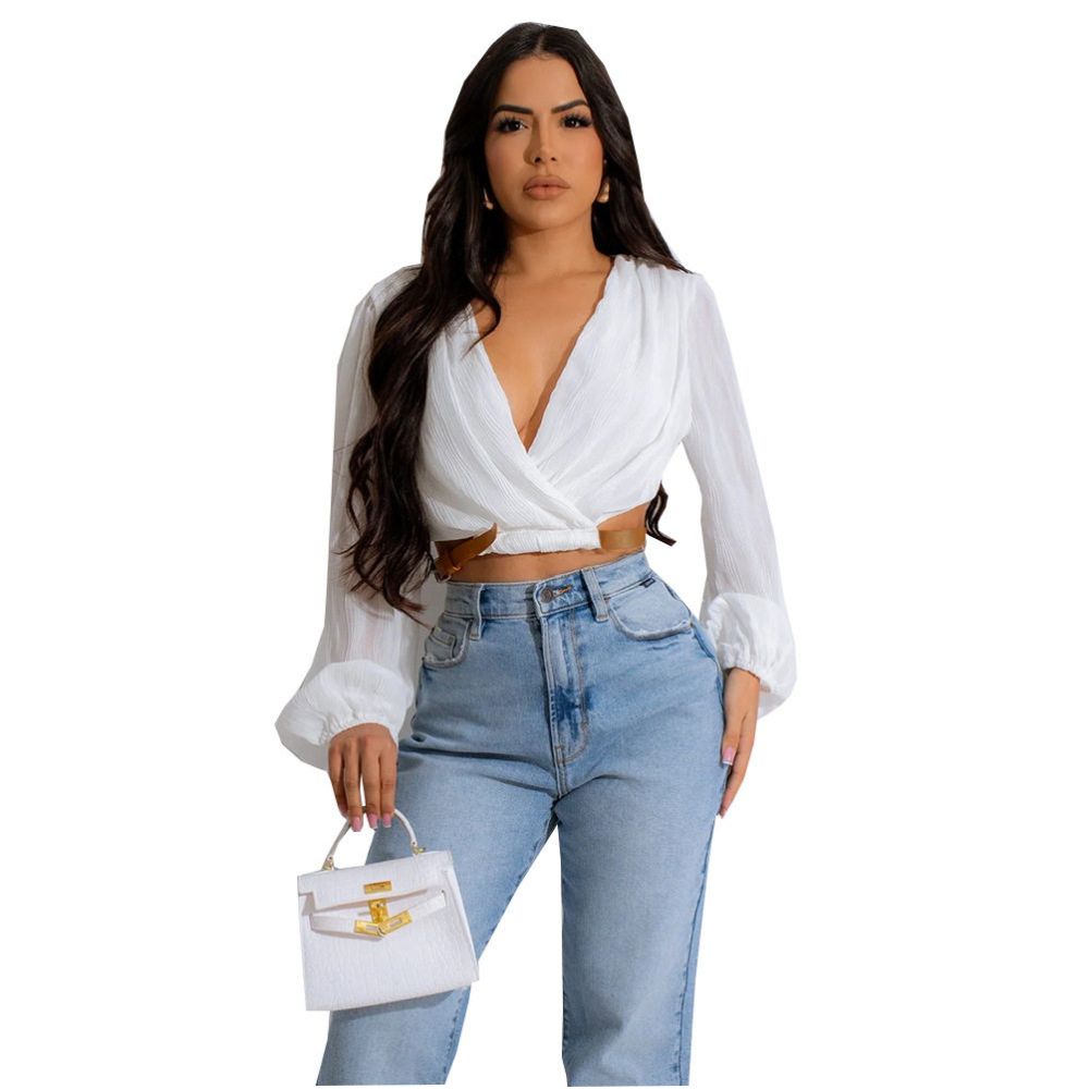 Long sleeved T shirt 51365 top with adjustable waistband and cardigan lantern long sleeved short jacket image 5