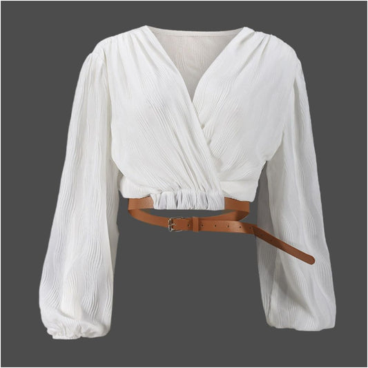 Long sleeved T shirt 51365 top with adjustable waistband and cardigan lantern long sleeved short jacket