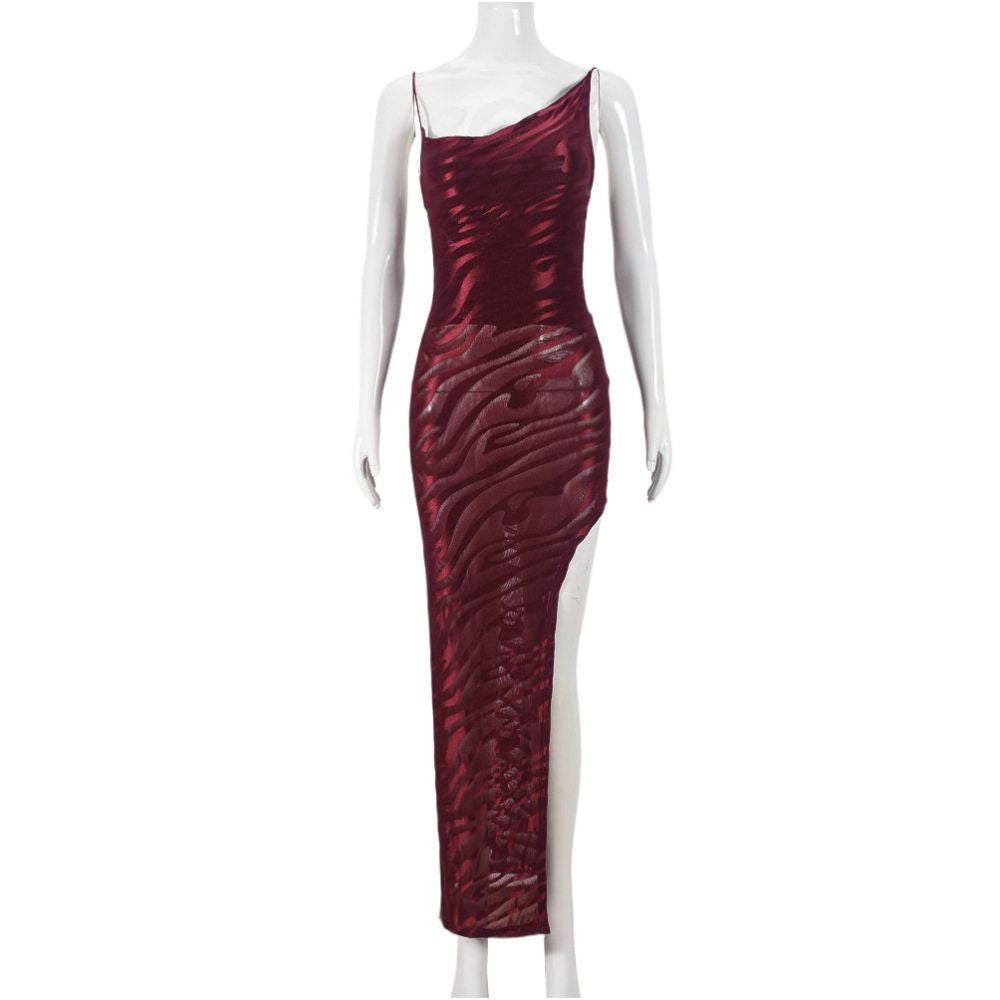 Trendy and Personalized Mesh Plush Skirt Spring New Product Bareback Strap Diagonal Neck European and American Sexy Strap Dress 41539