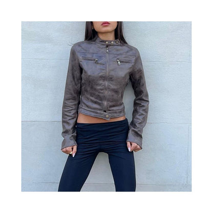 American vintage zipper cardigan leather jacket short jacket versatile and slim fitting street standing collar jacket for spring 2025 image 1
