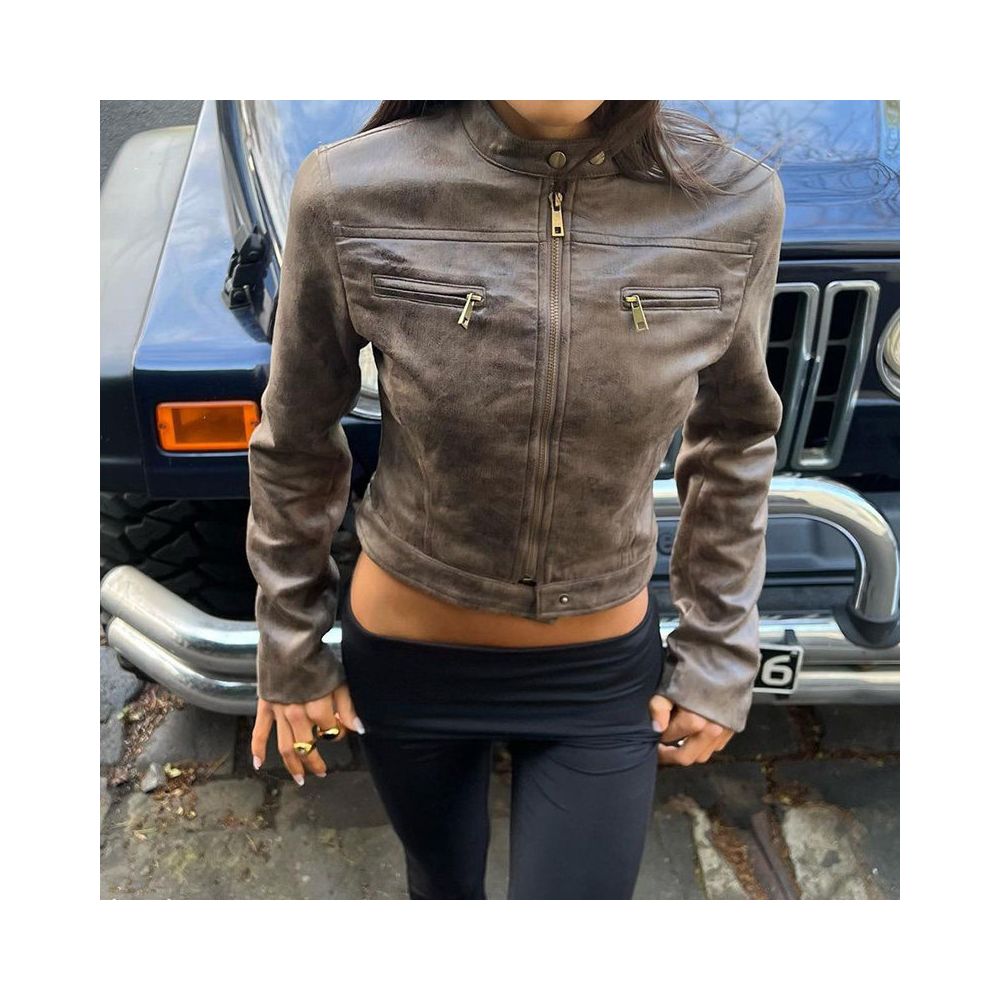 American vintage zipper cardigan leather jacket short jacket versatile and slim fitting street standing collar jacket for spring 2025 image 2