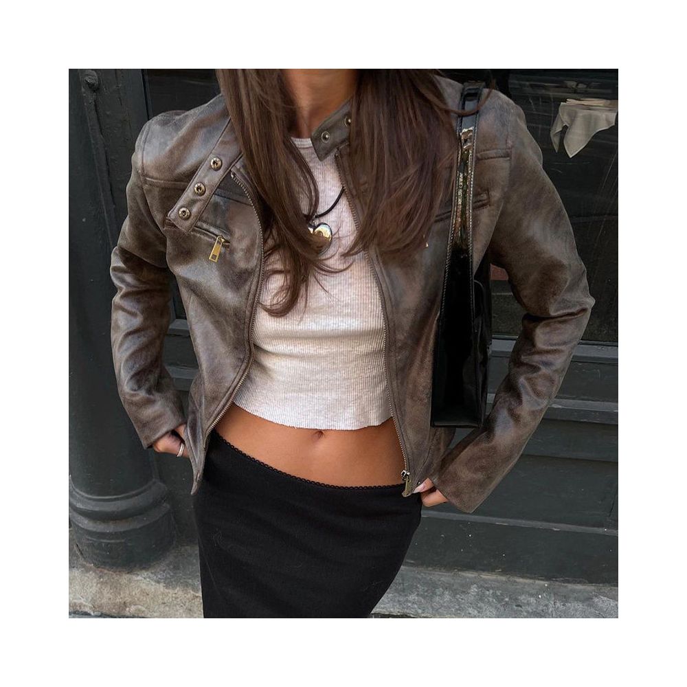 American vintage zipper cardigan leather jacket short jacket versatile and slim fitting street standing collar jacket for spring 2025 image 3