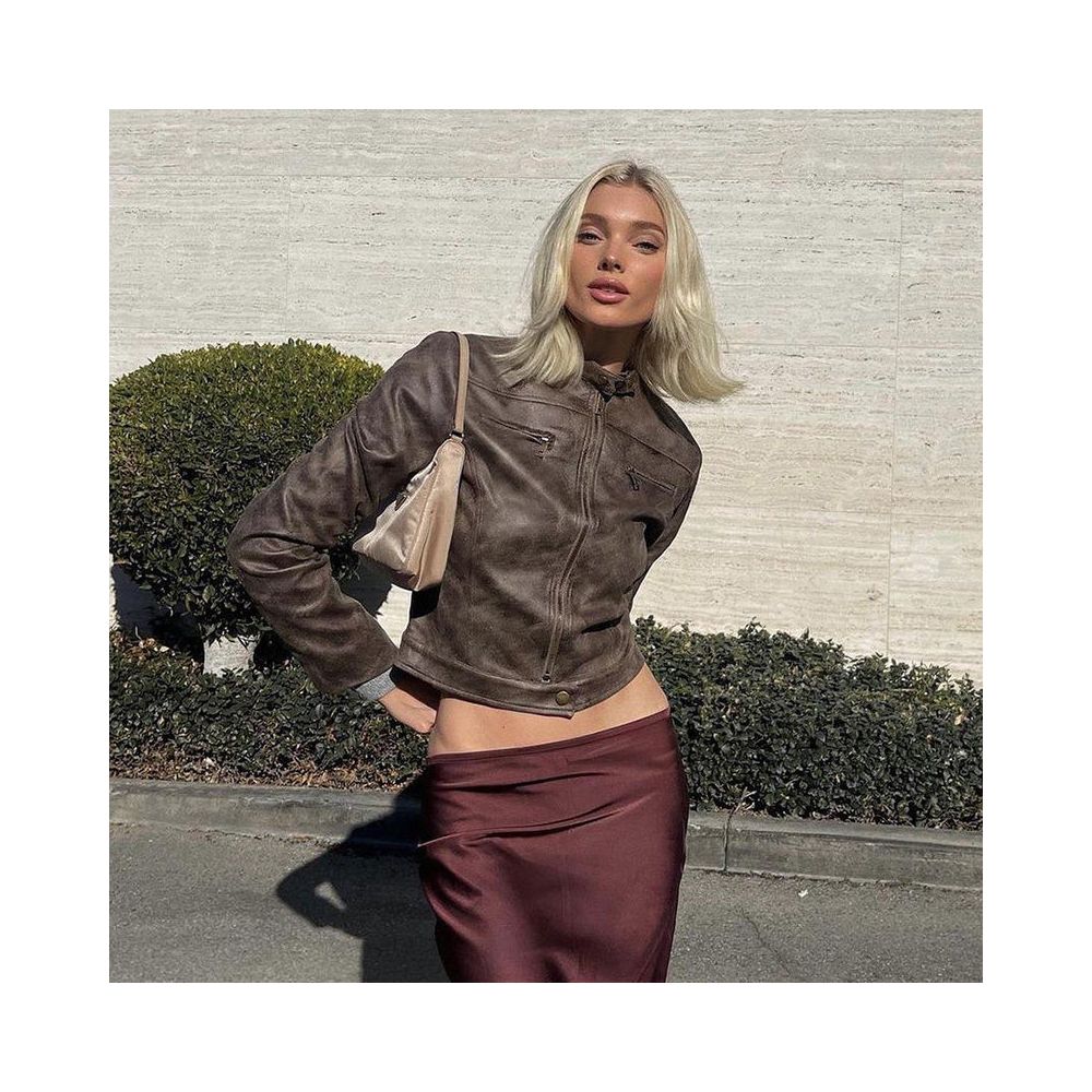 American vintage zipper cardigan leather jacket short jacket versatile and slim fitting street standing collar jacket for spring 2025 image 4