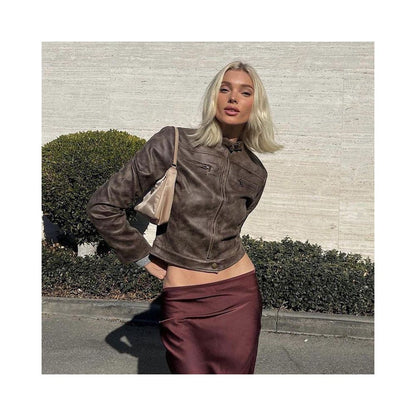 American vintage zipper cardigan leather jacket short jacket versatile and slim fitting street standing collar jacket for spring 2025 image 4