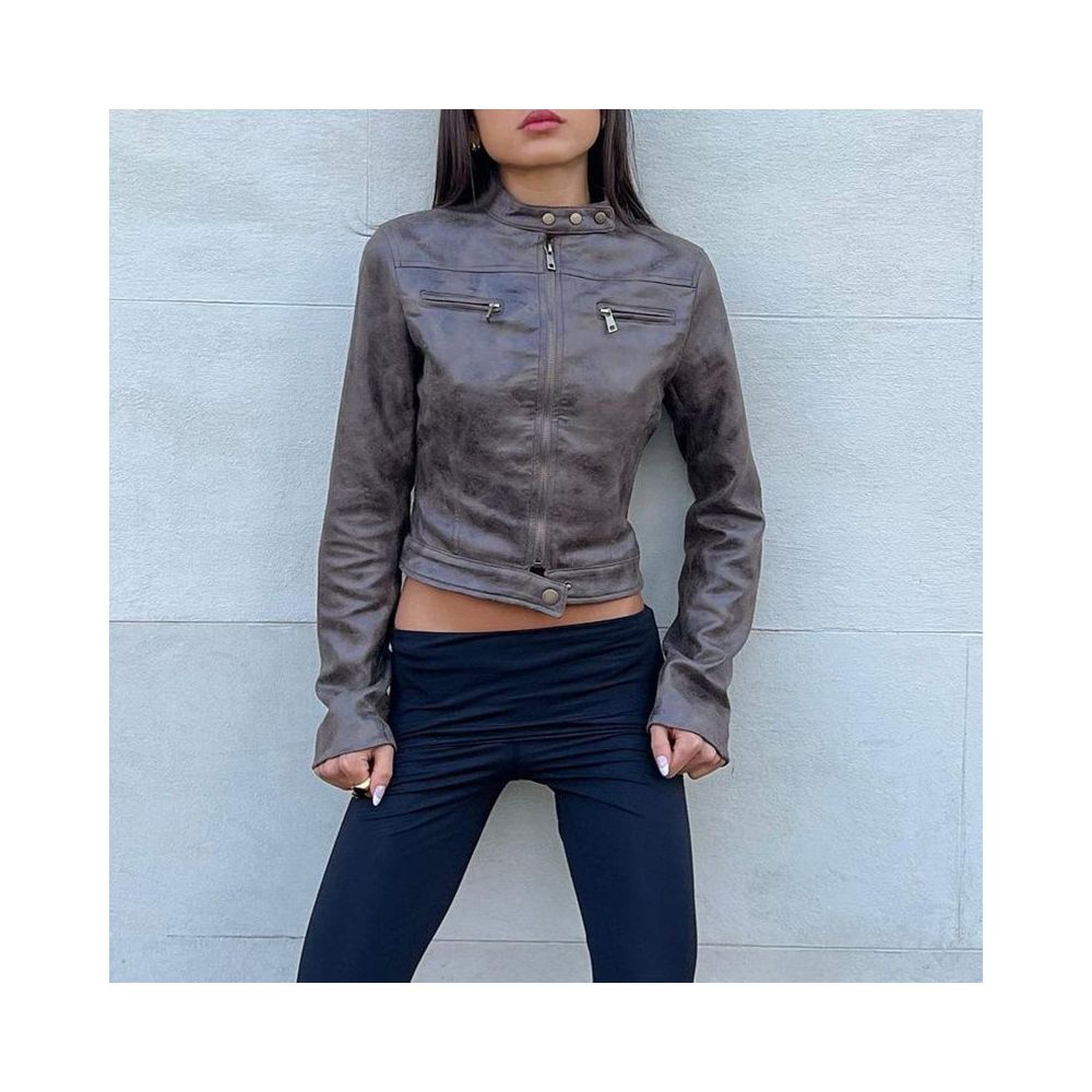 American vintage zipper cardigan leather jacket short jacket versatile and slim fitting street standing collar jacket for spring 2025 image 0
