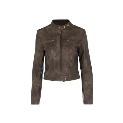 American vintage zipper cardigan leather jacket short jacket versatile and slim fitting street standing collar jacket for spring 2025