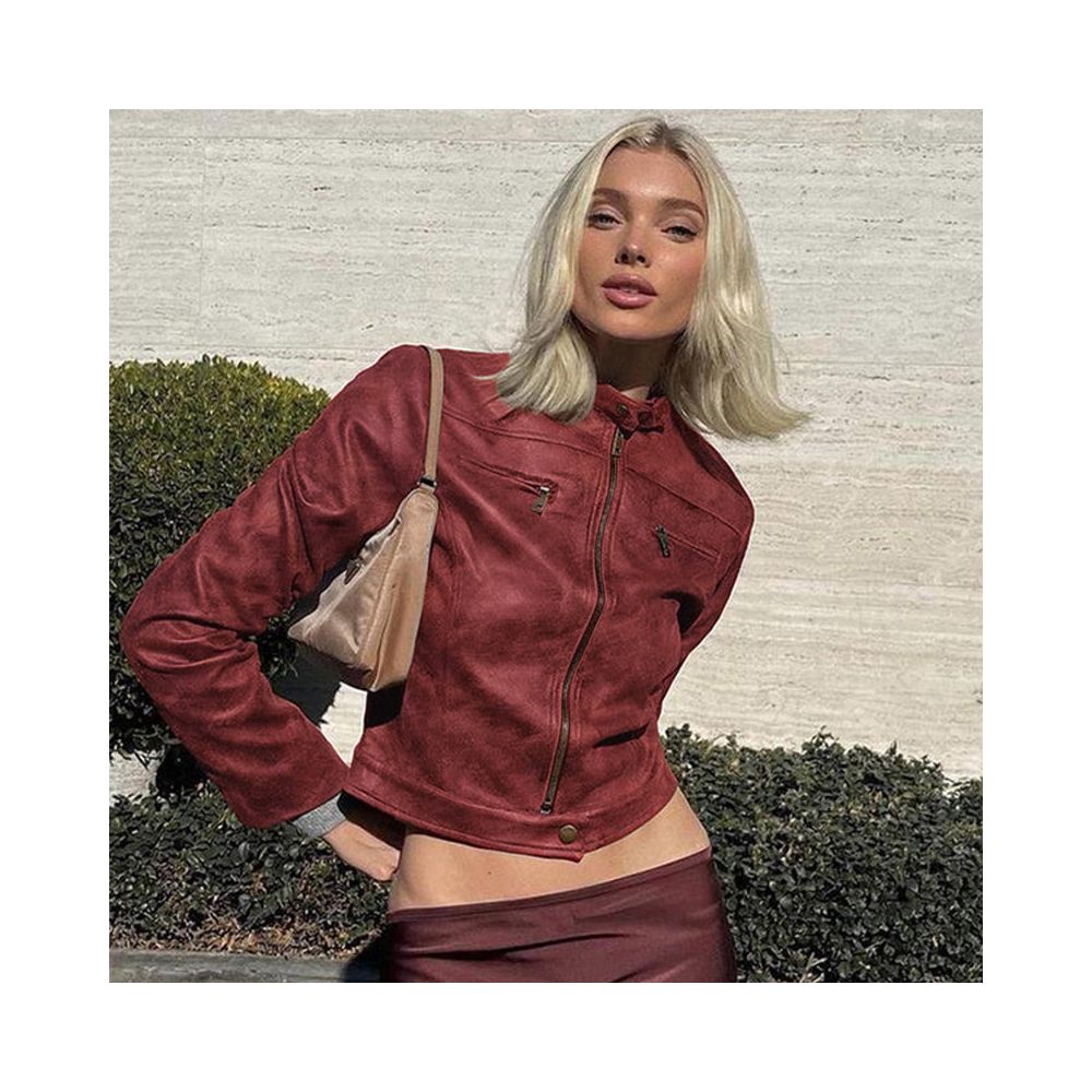 American vintage zipper cardigan leather jacket short jacket versatile and slim fitting street standing collar jacket for spring 2025